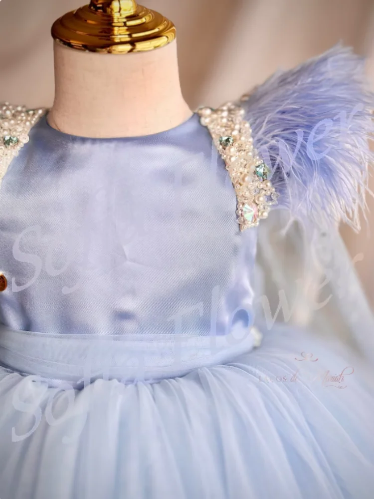

Sky Blue Lovely Flower Girl Dress Tulle Beading Crystals Feather A-Line Baby Dresses For Wedding Birthday Party Gowns Customized