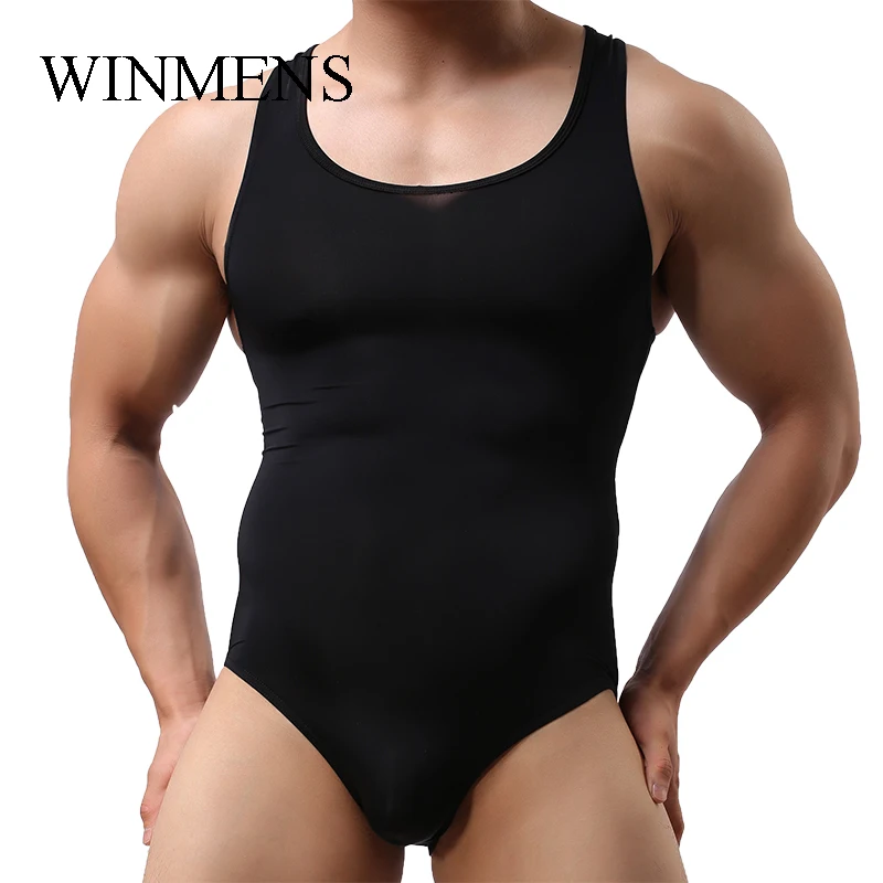 Adult Men's Ultra Thin Jumpsuit Solid Soft Male Sexy Elastic translucence Rompers Summer Sleeveless Sleep Tights Lounge Wear