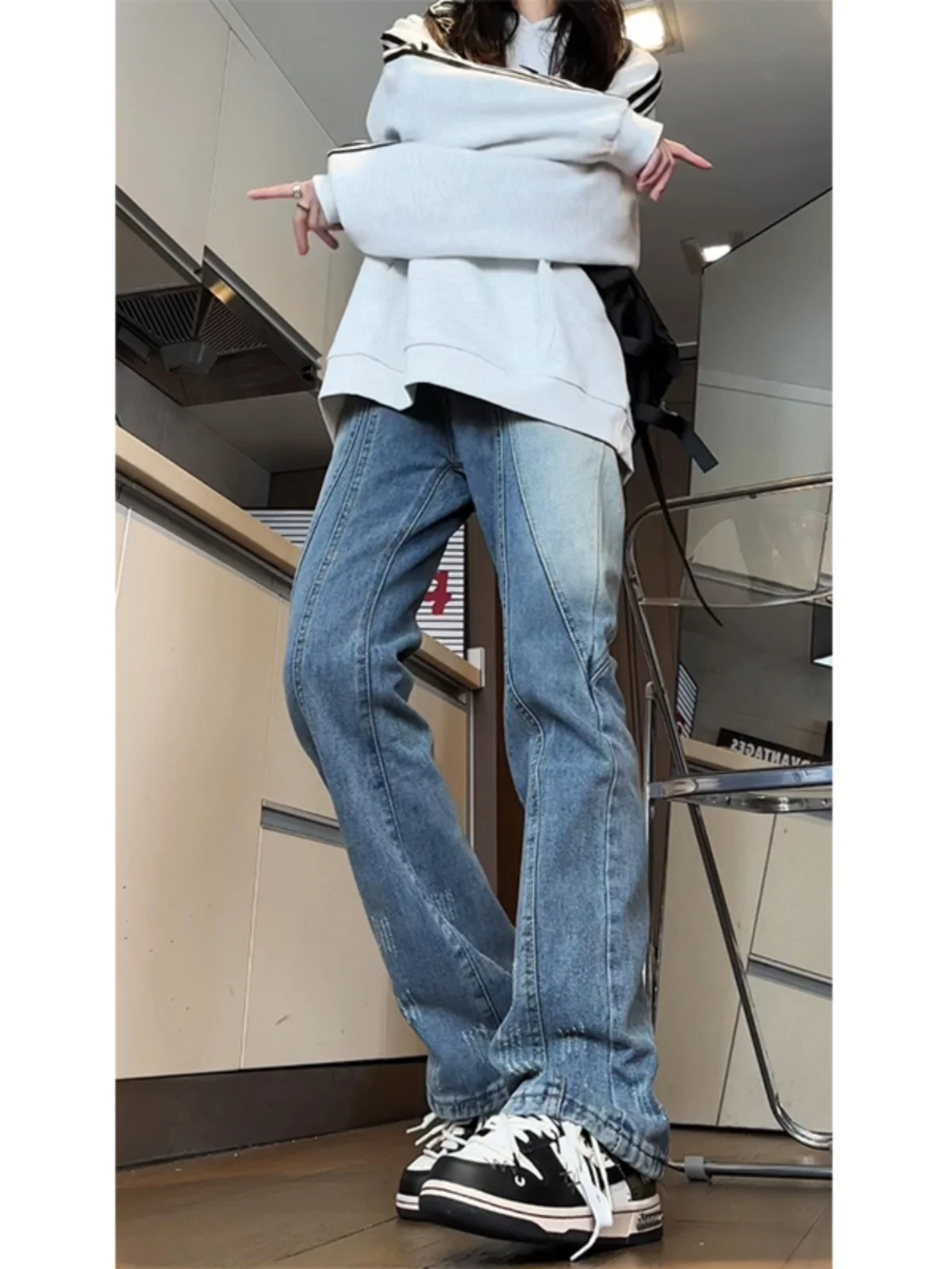 

Винтажные синие мужские джинсы с пэчворком, прямые, зауженные, расклешенные, в американском стиле, для осеннего сезона, молодежный тренд