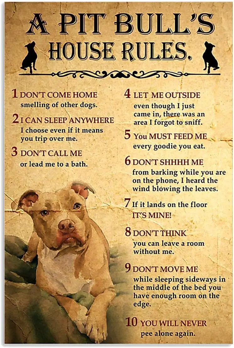 The Pitbull House Rules for Guest Funny Dog Rules Retro Metal Tin Sign Outdoor Indoor Wall Panel Decor Poster Vintage Sign 8x12