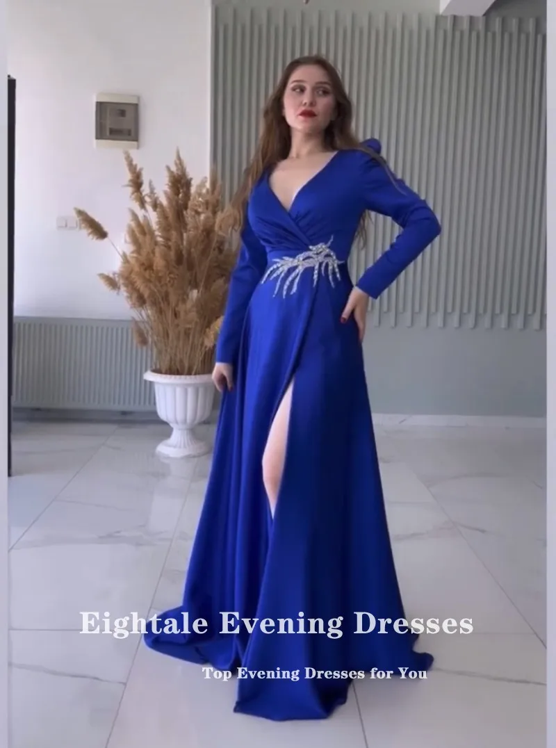 Eightale Arabic Evening Dress Satin Long Sleeves V-Neck A-Line Royal Blue Prom Gown Wedding Party Dress Vestidos De Noch