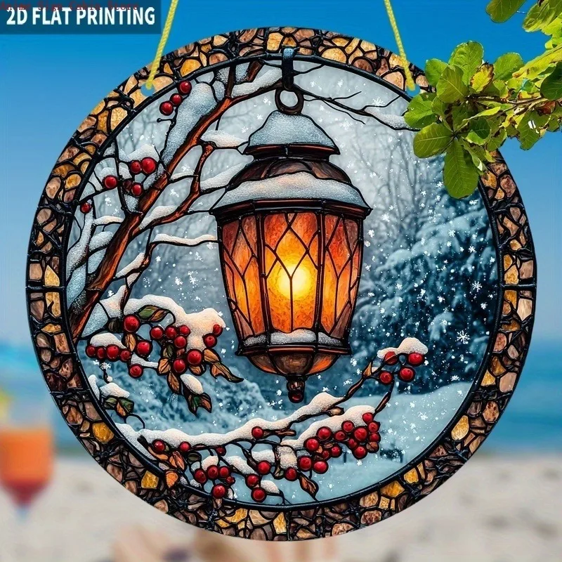 2D Flat 1pc Vintage Winter Lantern Sun Catcher Glowing Window Decor Round Acrylic Sign Wedding, Home Decoration Gift for Family