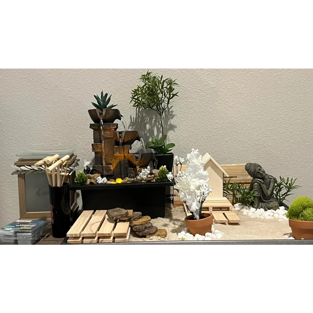 نافورة شلال زن من 3 طبقات مع أضواء LED - ديكور سطح المكتب من صخور النهر الطبيعي للتأمل والاسترخاء في المكتب #4