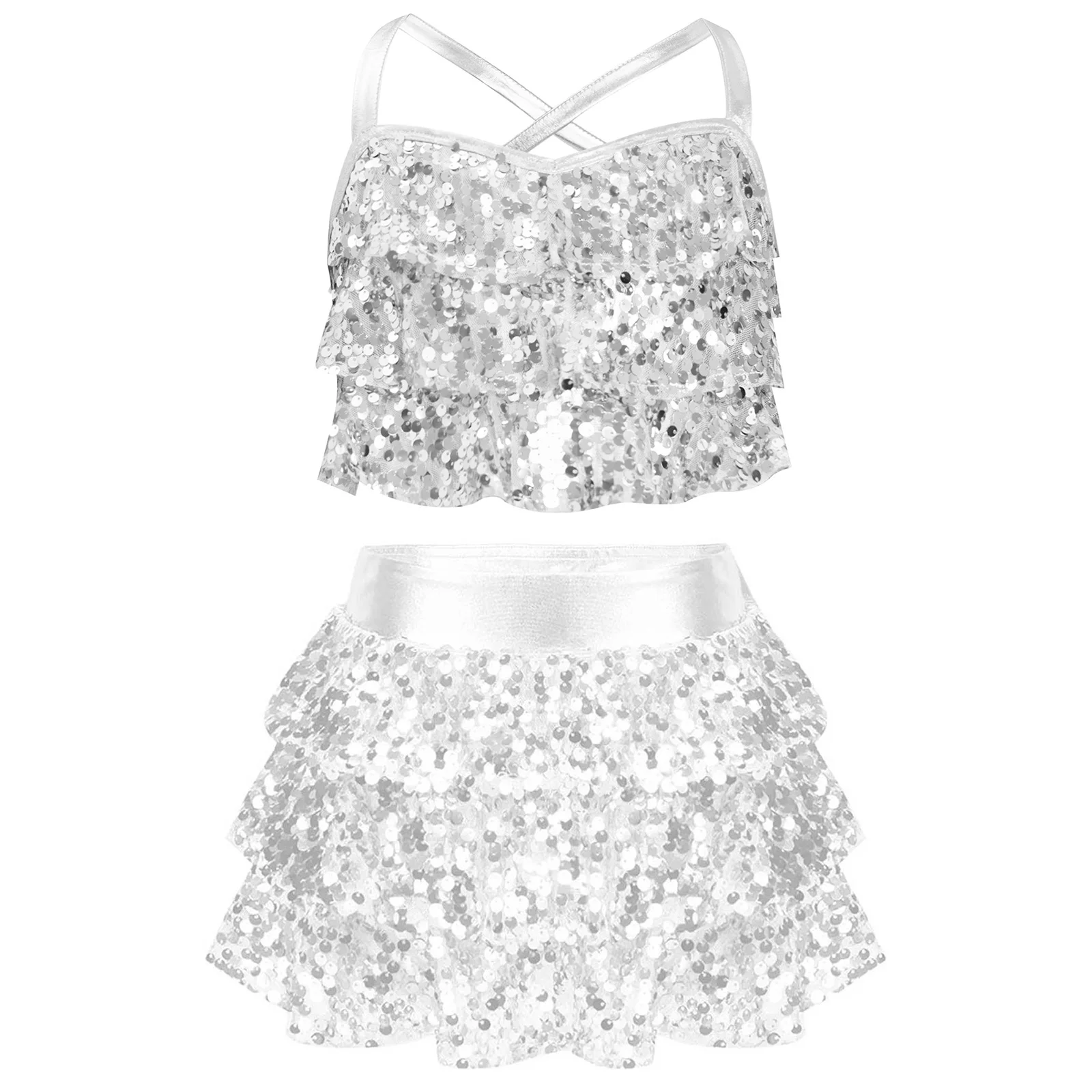 Modern Dancewear Girls Skirt Suit Latin Jazz Dance Sets  Performance Costume Tiered Ruffles Metallic Crop Top with Culottes
