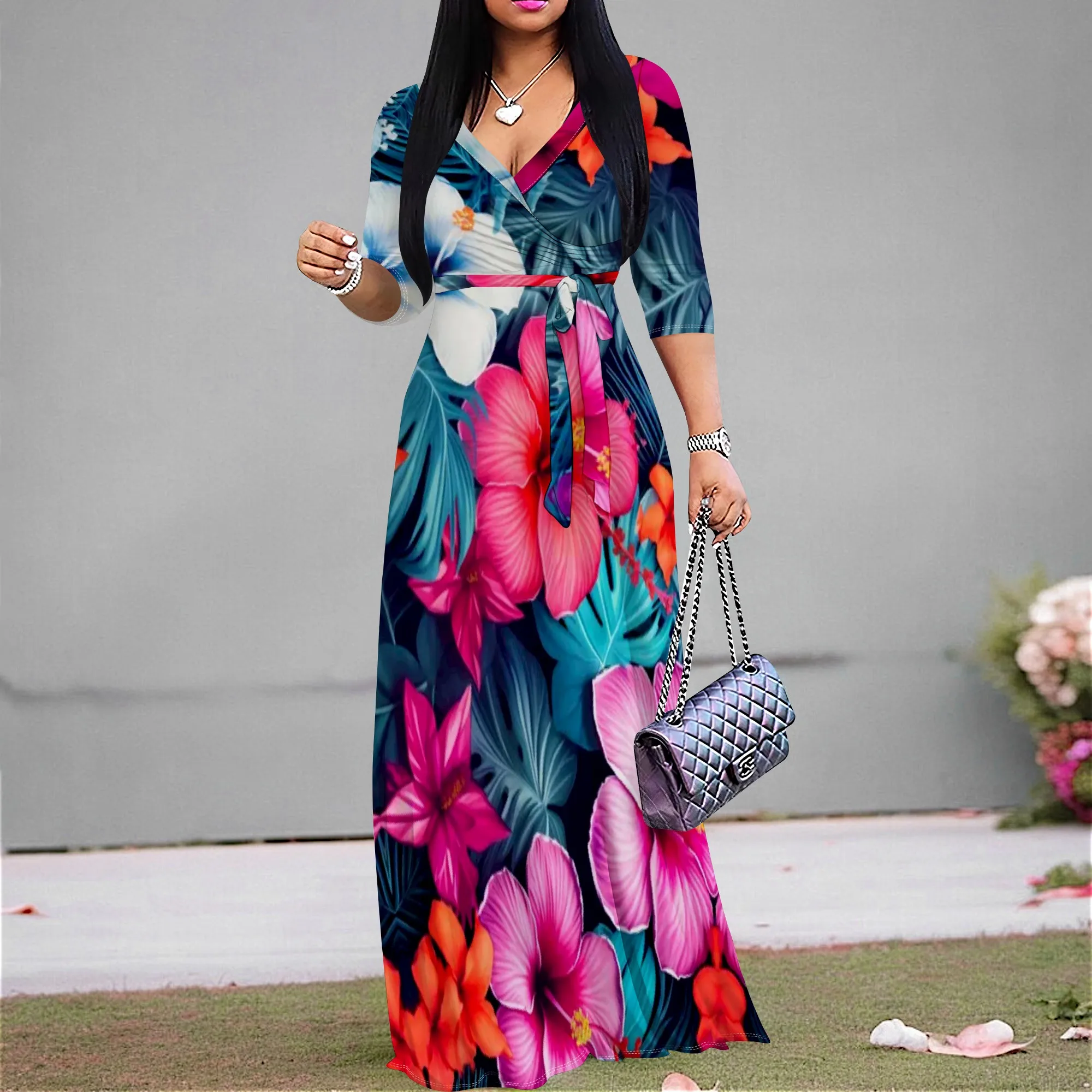 

Pink Floral Print Maxi Dress with Waist Tie, V-Neck, 3/4 Sleeve, Plus Size S-3XL – Perfect for Spring & Summer