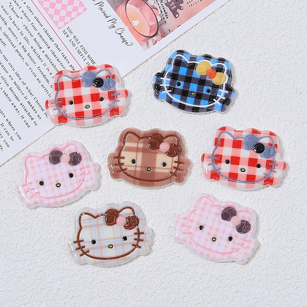 5pcs Plaid Cat Head Patch Cartoon Handmade DIY Homemade Hairpin Sanrio Hello Kitty Resin Flatback Cabochons Jewelry Material