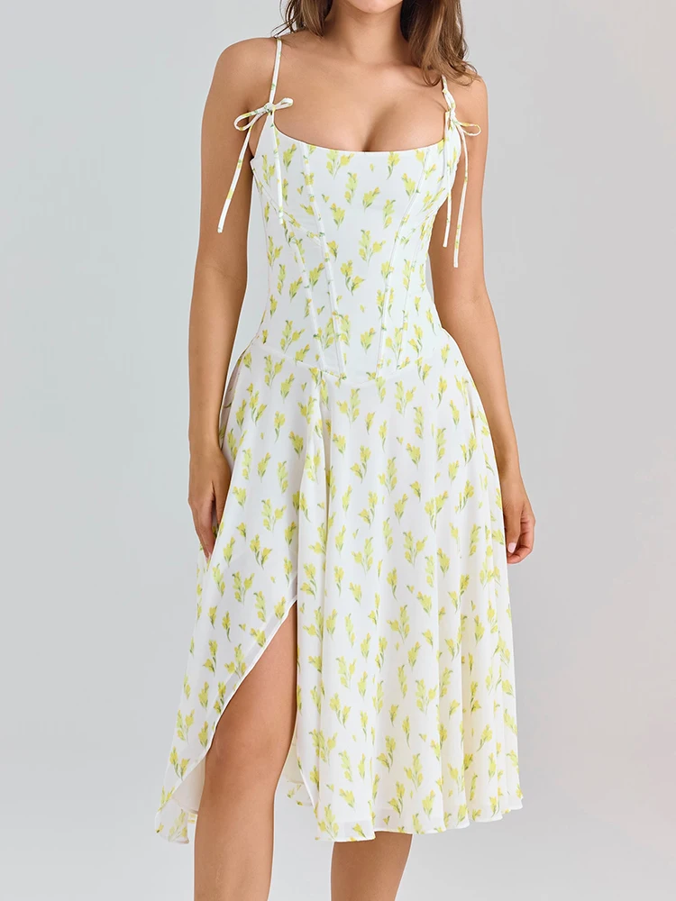 Sukienki midi na ramiączkach w stylu francuskim, żółte, z rozcięciem, w kwiatowy wzór, letnie, bez pleców, z falbankami, seksowne, codzienne, damskie, nowe.