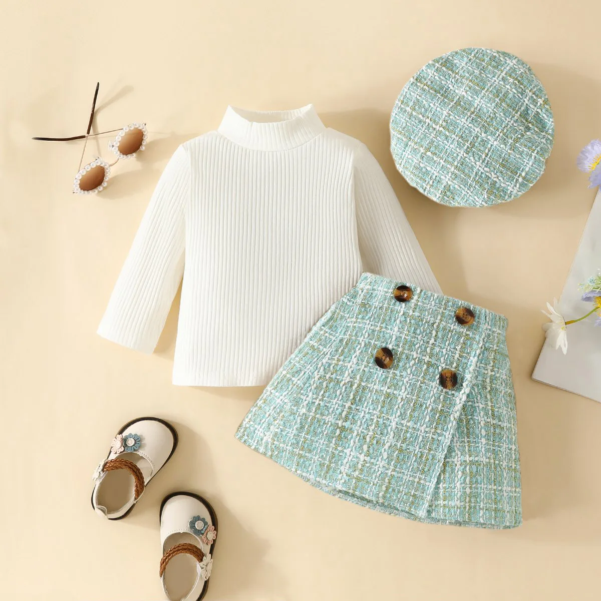 Infant Spring Autumn Long Sleeve Top andDress Set 6-18months Baby Girl Solid ColorTop Houndstooth Half Skirt Beret