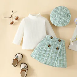 Infant Spring Autumn Long Sleeve Top andDress Set 6-18months Baby Girl Solid ColorTop Houndstooth Half Skirt Beret