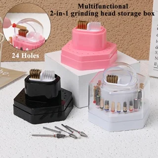 Prego Broca Caixa De Armazenamento com Escova De Limpeza, Ferramentas De Manicure, Displayer Container, Organizador, Acessório De Salão, 24 Buracos, 2 em 1