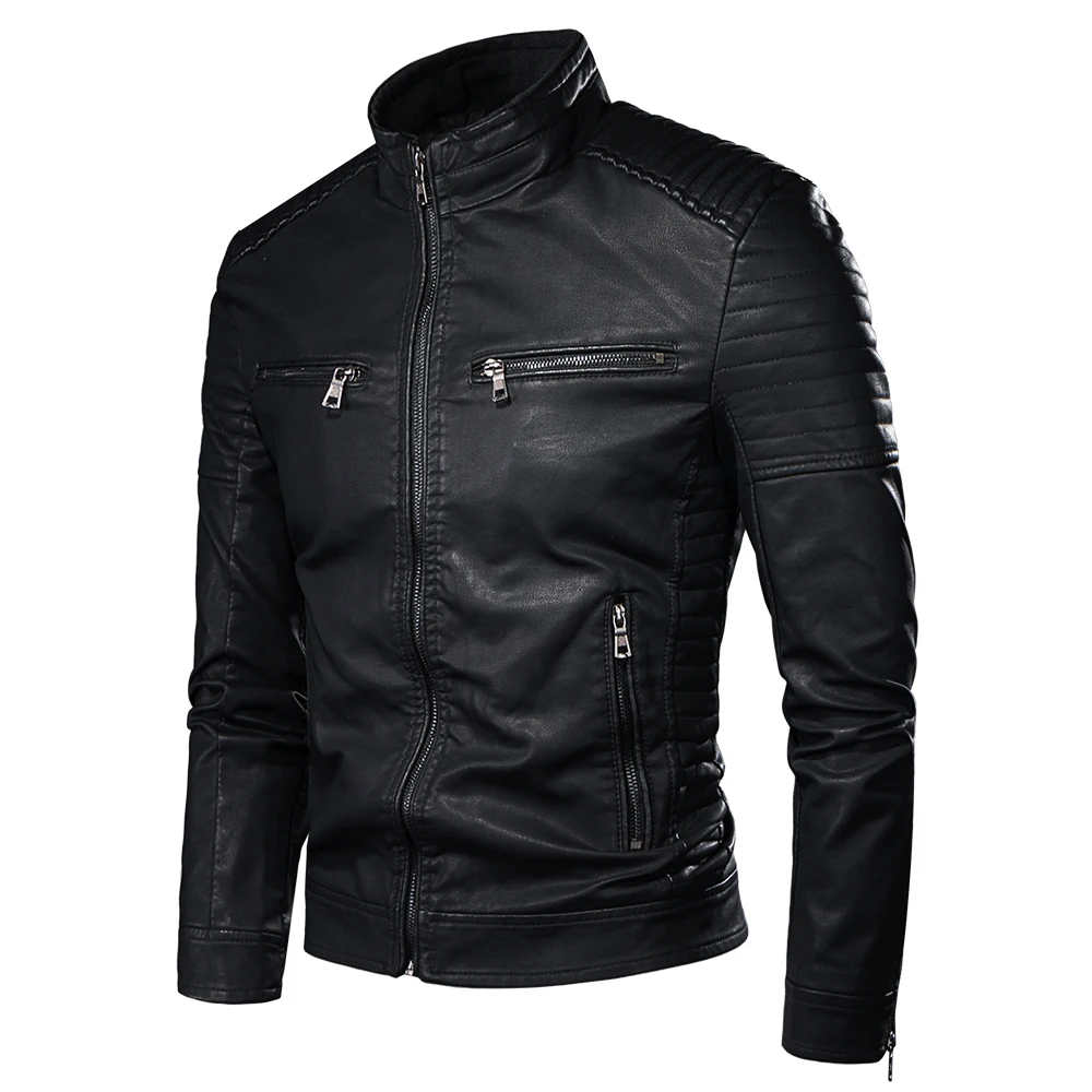 Men Spring Brand New Causal Vintage Leather Jacket Coat Men Outfit Design Motor Biker Zip Pocket PU Leather Jacket Men