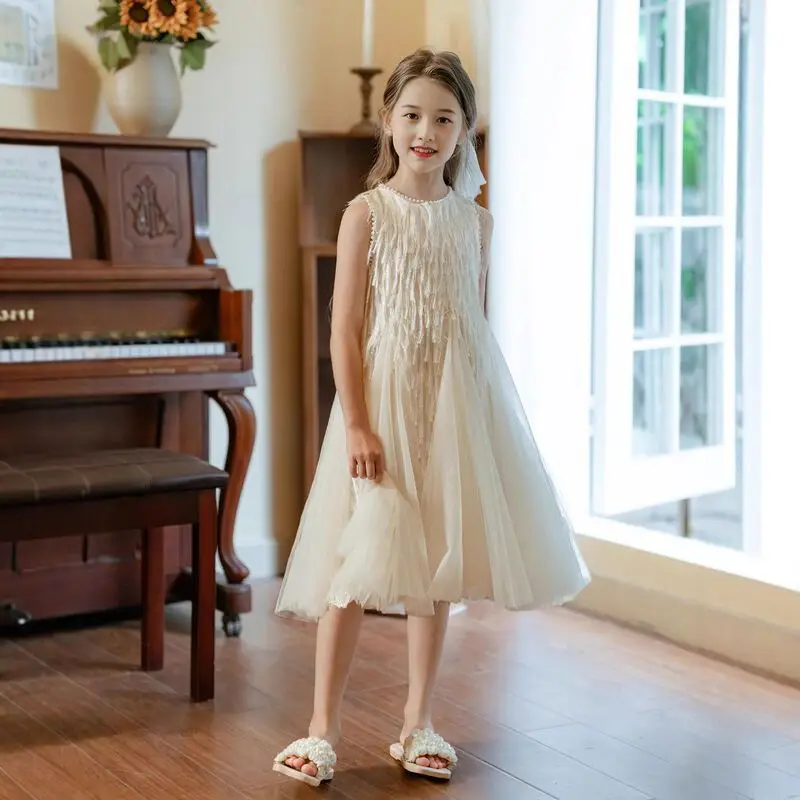 

2025 Summer Little Girls Sleeveless Mesh Dress Princess Dress Children Fashion Bodice Dress 4-12 Years Girl's Stylish Dresses 8T
