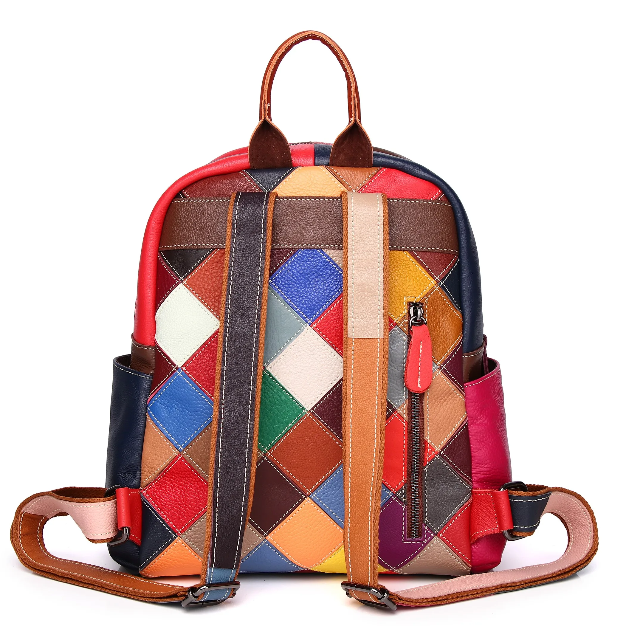  New Women's Retro Leather Backpack Large Capacity Double Zipper Travel Bag Ethnic Style Single Shoulder Handbag