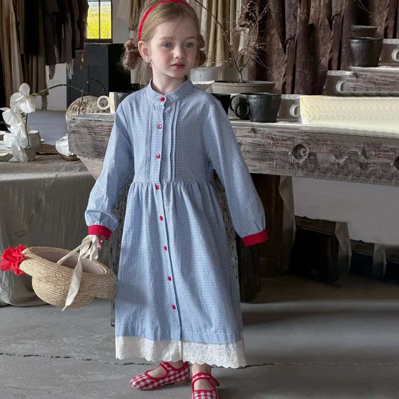 South Korea2025Spring Vintage Style Round Neck Small Button Loose Casual Plaid Over-the-Knee Long Dress for Girls