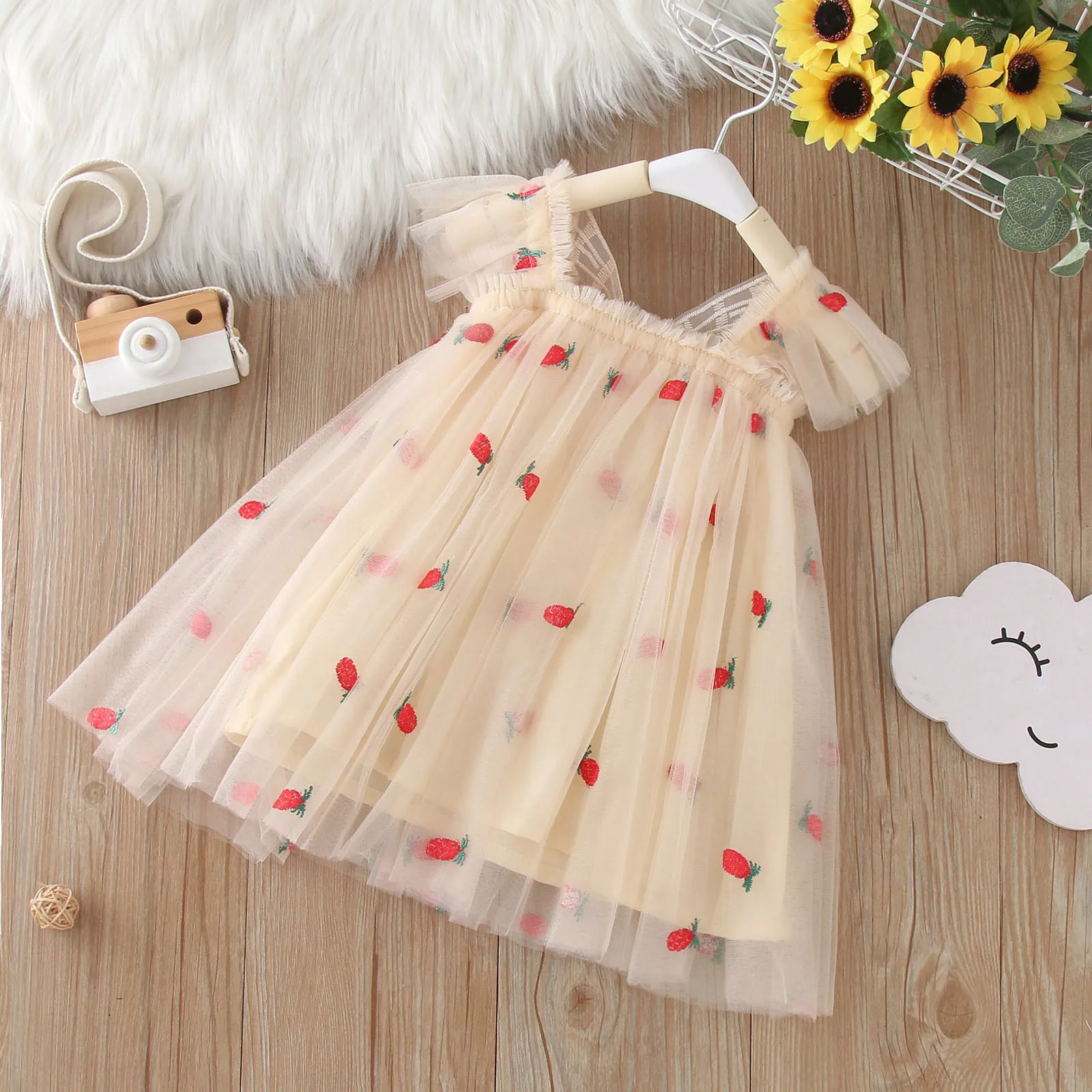 Baby Butterfly Dress with wings Cute Girl Embroidery Strawberry Summer New in Dresses Newborn Tulle Clothes For Party Birthday