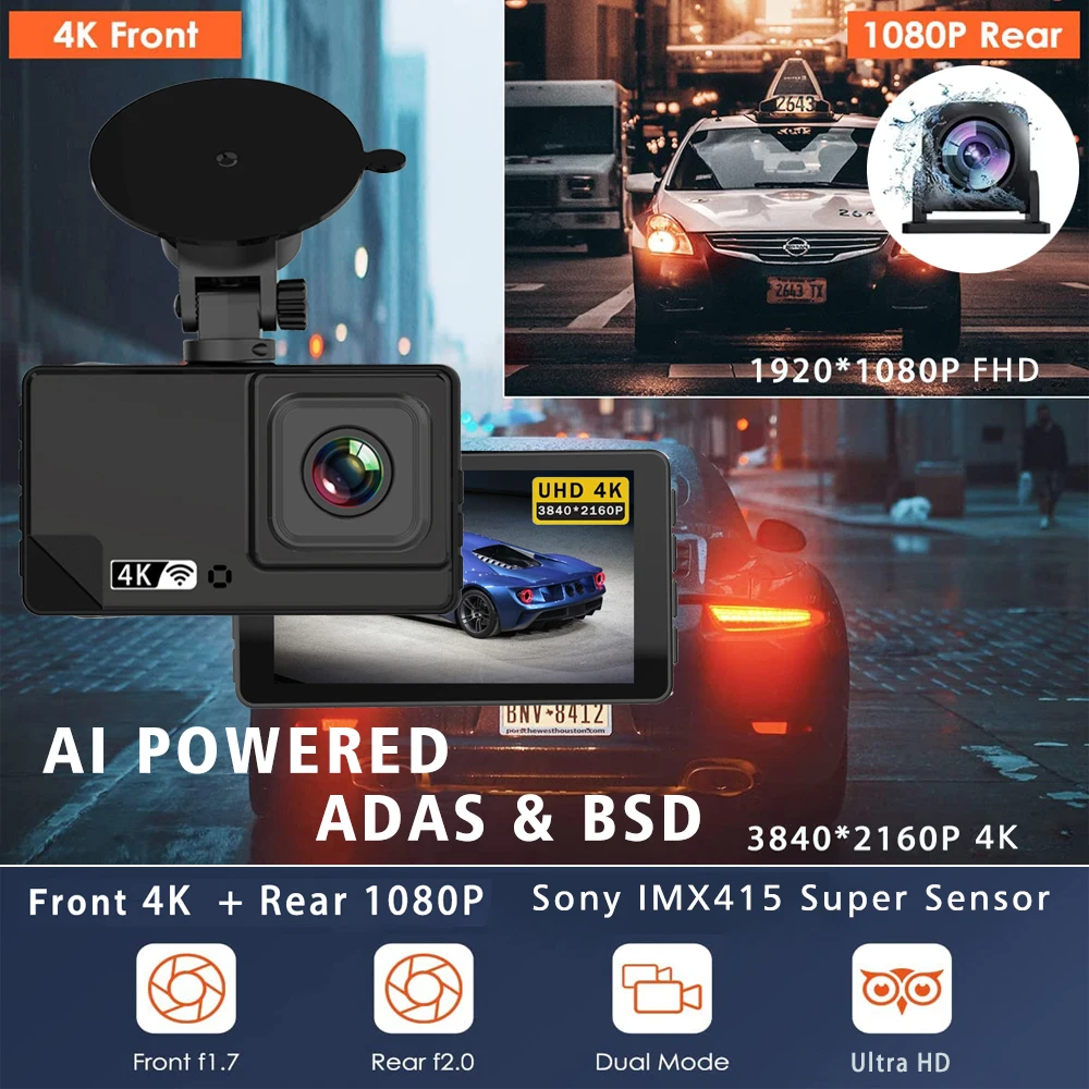 4K 2160P Dash Cam ADAS Car DVR Camera BSD WIFI GPS Dual Lens Mini Video Drive Recorder Dashcam Registrar Black Box Night Vision