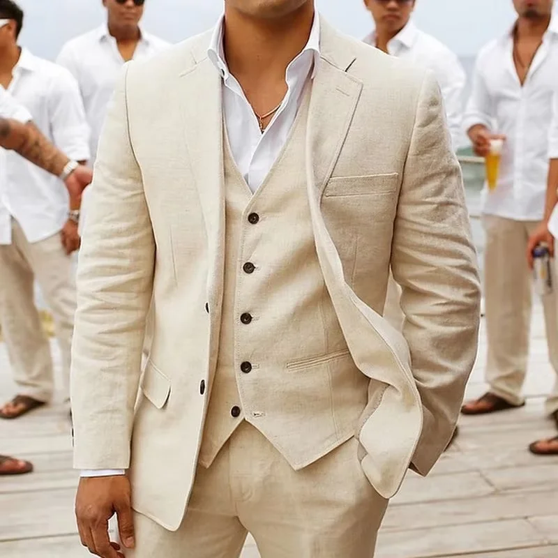 3 piece Linen Summer Men Suits for Wedding Groom Tuxedos 2027 Casual Beach Custom Man Suit Set Jacket Vest with Pants Man Fahion