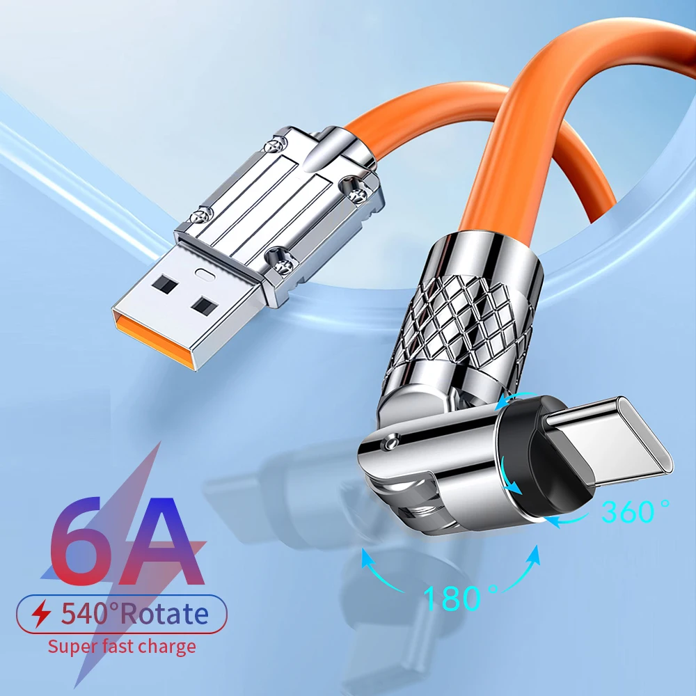 540 Rotate Type C Cable 6A 120W Fast Charging USB-C Cable Mobile Phone Data Charger Wire Cord 2M For Samsung Xiaomi Oneplus