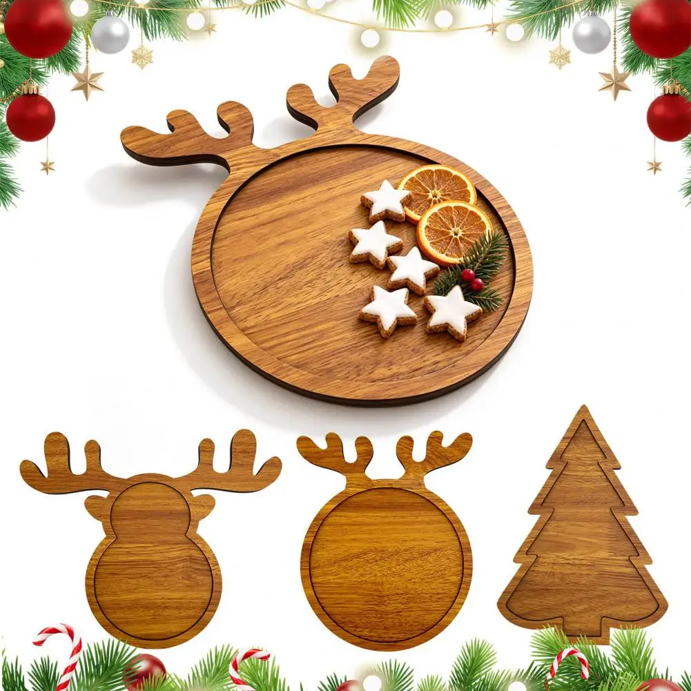 Solid Wood Appetizer Platter Christmas Tree Elk Serving Tray Durable Wood Partitioned Food Platter for Charcuterie for Holidays