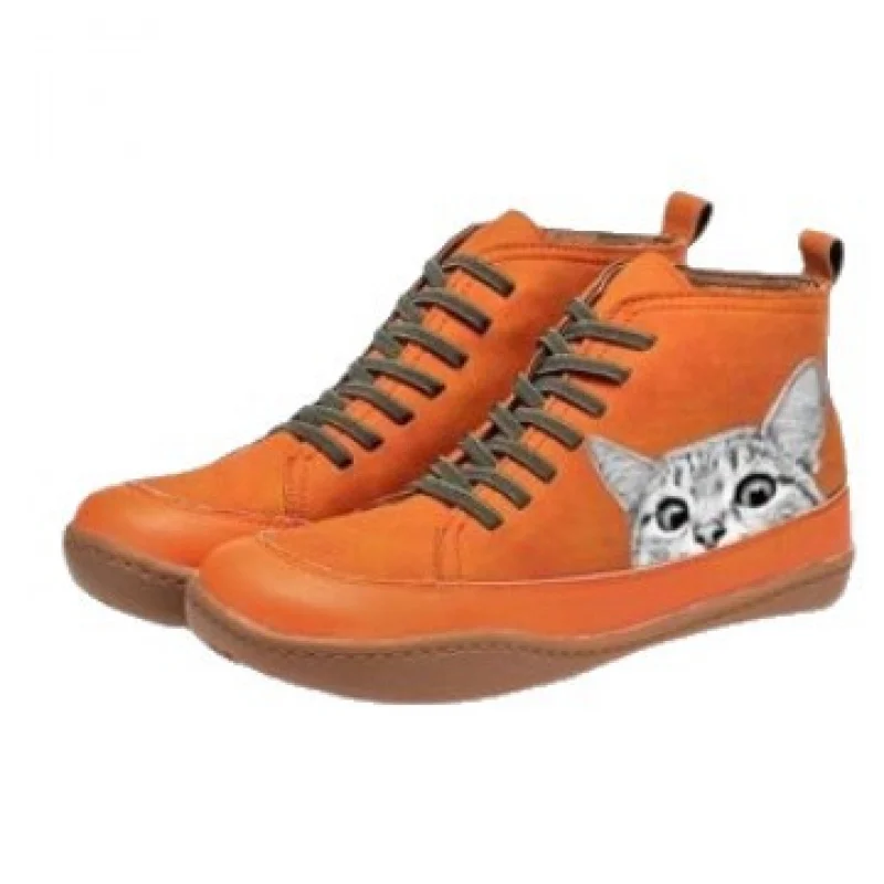 Sepatu bot wanita model Eropa dan Amerika tahun 2025, nyaman, ujung bulat besar, sepatu bot pendek, motif cetak kucing 2025