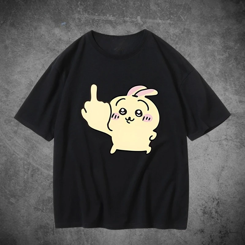 Kawaii Chiikawa Rabbit T-Shirt Oversize Pink Cotton Tee Y2K Harajuku Style Cute Peace Sign Graphic Daily Casual Short Sleeve