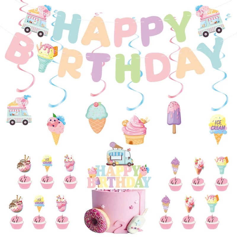 Serpentinas de feliz cumpleaños de helado, estampado en caliente, bandera de cola de milano, sala de estar, jardín, centro comercial, cafetería, decoración de fiesta de cumpleaños, pancarta