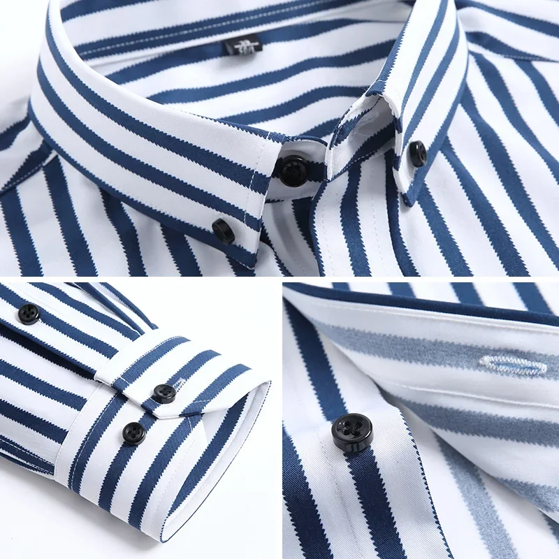 New Stretch Long Sleeve Shirts Men's Striped Korean Fashion Slim Fit Shirts Business Casual Non-iron Comfortable Men's Clothing