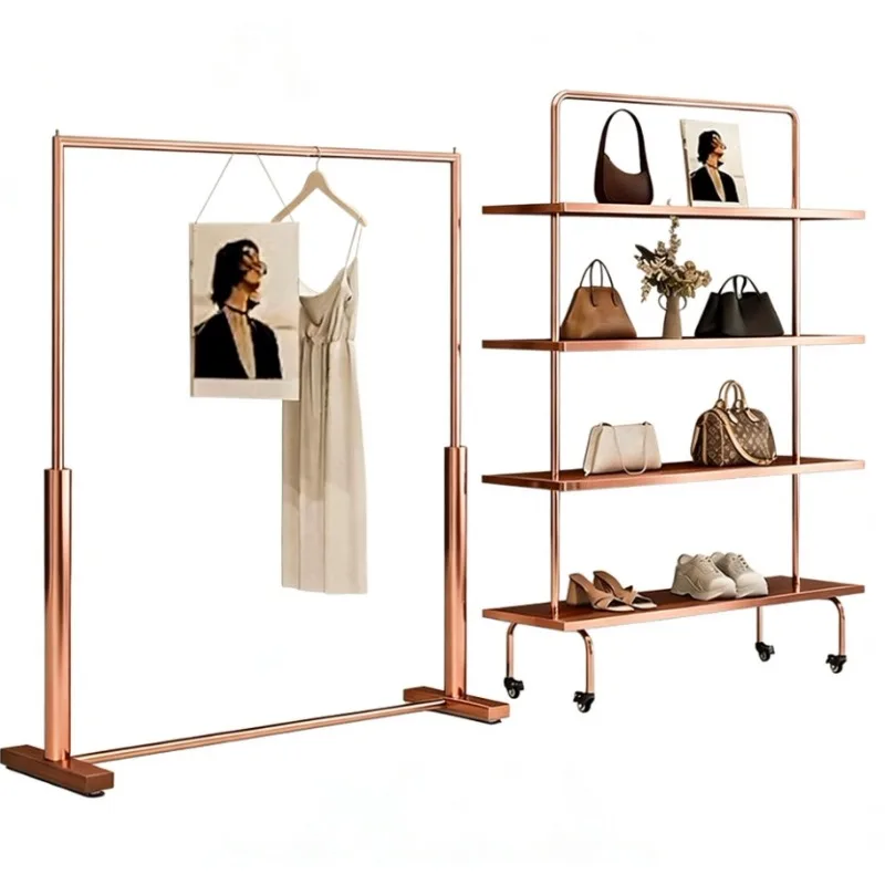 Clothing store display racks, floor-to-ceiling stainless steel rose gold hanging clothes racks, special display racks