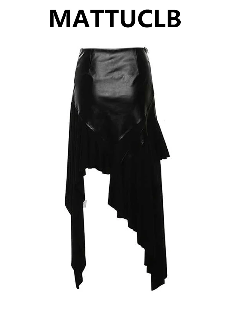 Women's Irregular Skirt Gothic Midi Skirt Dark Academia Pu Faux Leather Patchwork Coquette Gyaru Y2k Design Cyber Punk Harajuku