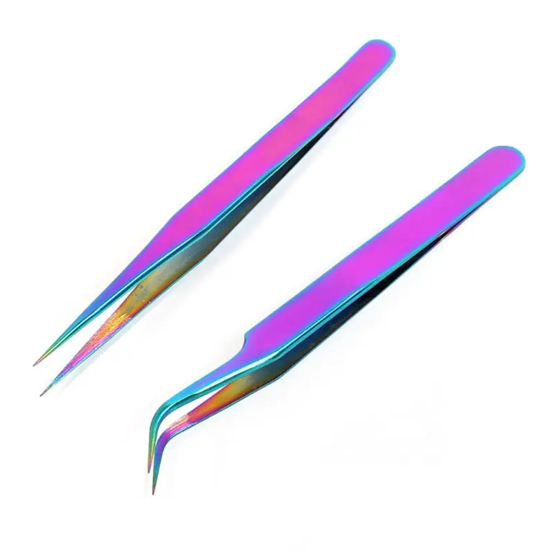 1Pc Edelstahl Gerade Gebogene Wimpern Pinzette Regenbogen Farbige Falsche Fa Dropship