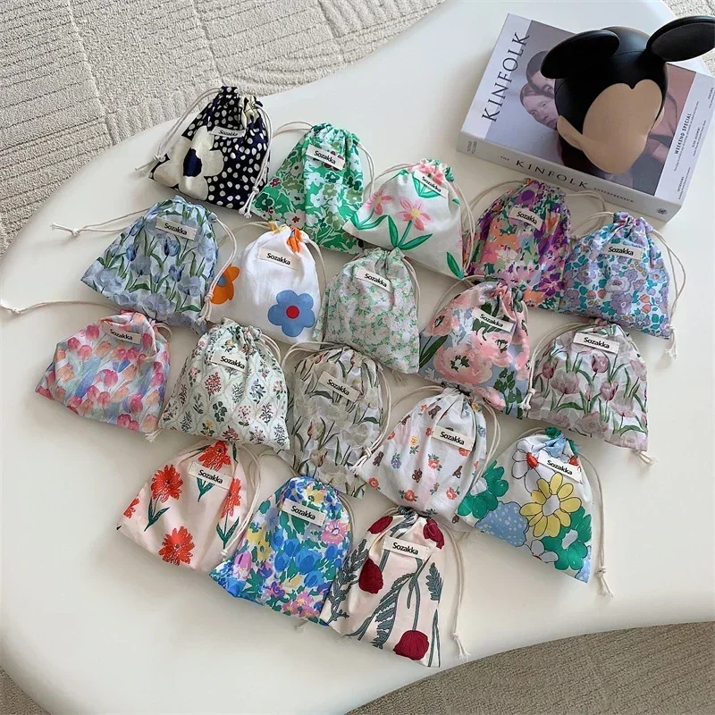 Women Flower Drawstring Cosmetic Bag Small Lipstick Makeup Bag Travel Organizer Bags Clothes Storage Toiletry Wash Pouch Bags