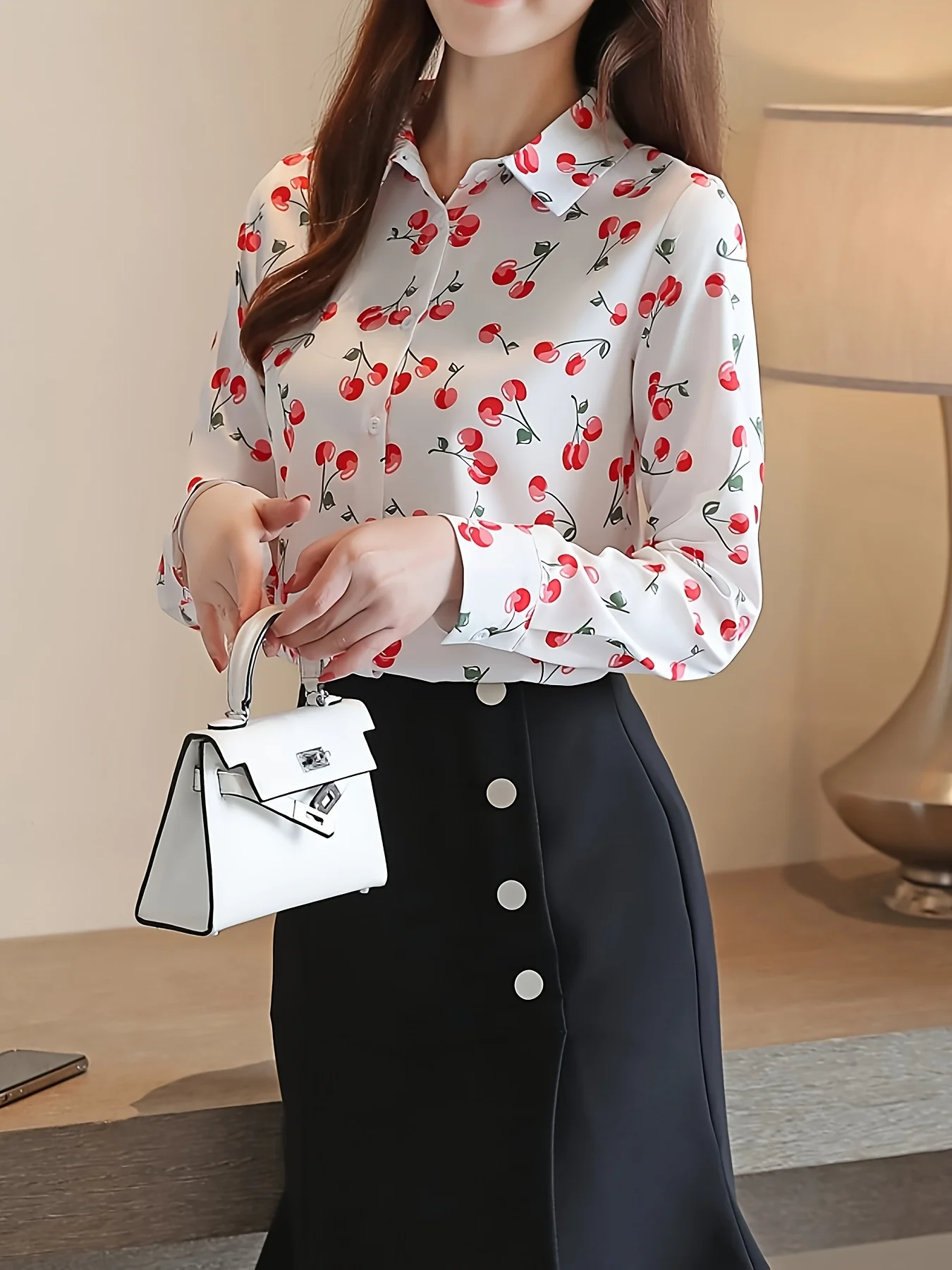 Europe and the United States new spring and autumn super fairy foreign fashion temperament lapel printed long-sleeved shirt blou