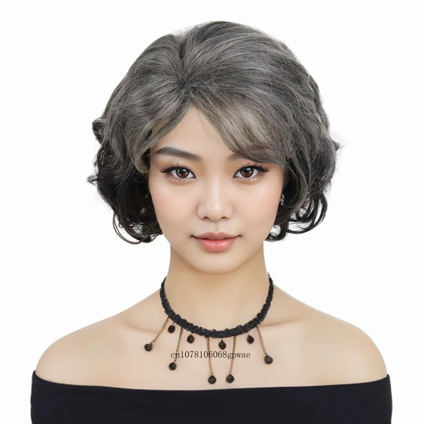 Synthetric Curly Hair Ombre Grey Wig with White Bangs Fashion Hairstyle Old Lady Short Wigs for Women Daily Cosplay Costume Use