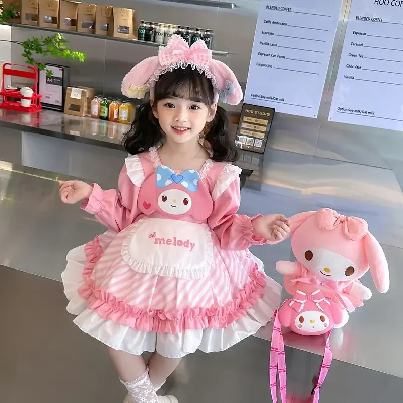 Sanrio My Melody sweet and cute little girl spring and autumn skin-friendly soft fashion cartoon fluffy Lolita princess dress