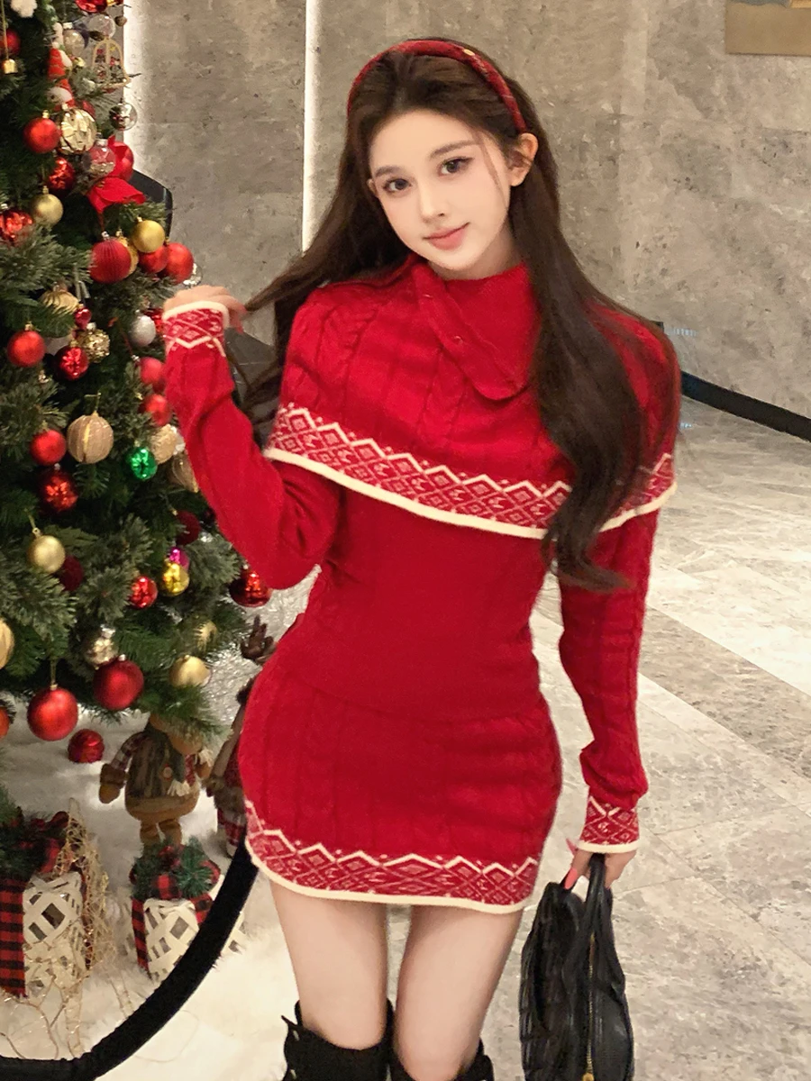 

Вязаные майки в стиле ретро для девочек, новогодняя шило, базовая юбка с запахом, футболка, комплект для женщин, ансамбль Faion