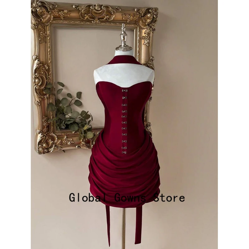 

Burgundy Ruched Birthday Dresses Mini A Line Handmade Party Gowns Satin Sweetheart Homecoming Dresses Customized
