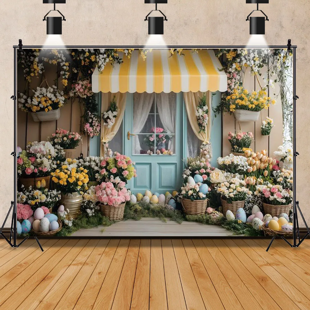 부활절 꽃 가게 배경 용수철 부활절 날 꽃 다채로운 계란, 어린이 생일 파티 사진 배경 사진 부스 소품