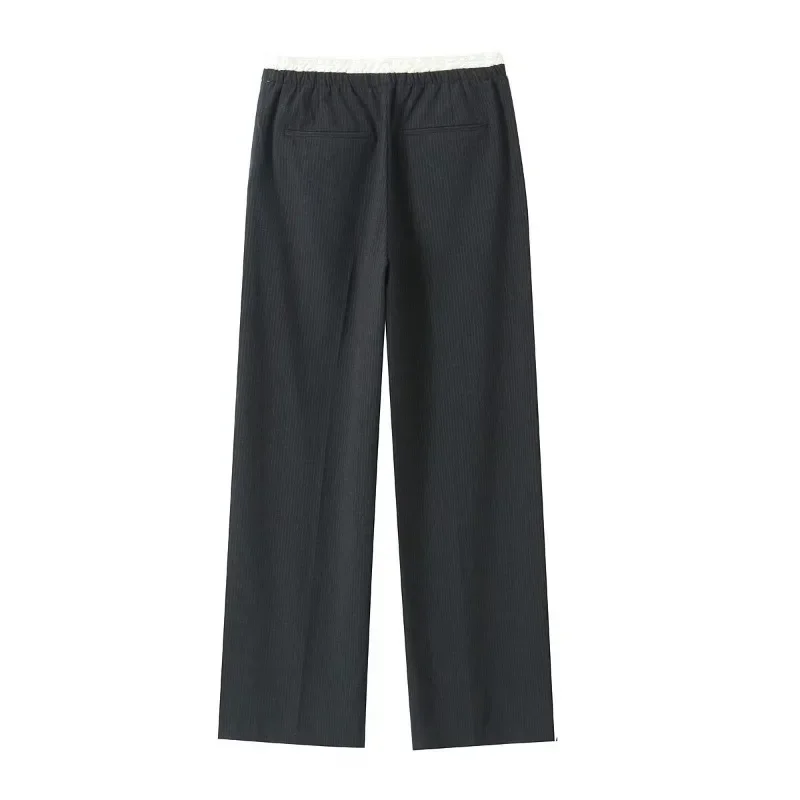 Women Autumn Solid Casual Stripe Pleated Pants Fashion Winter Oversized Loose Straight Lace Up High Waist Long Pants Y2k