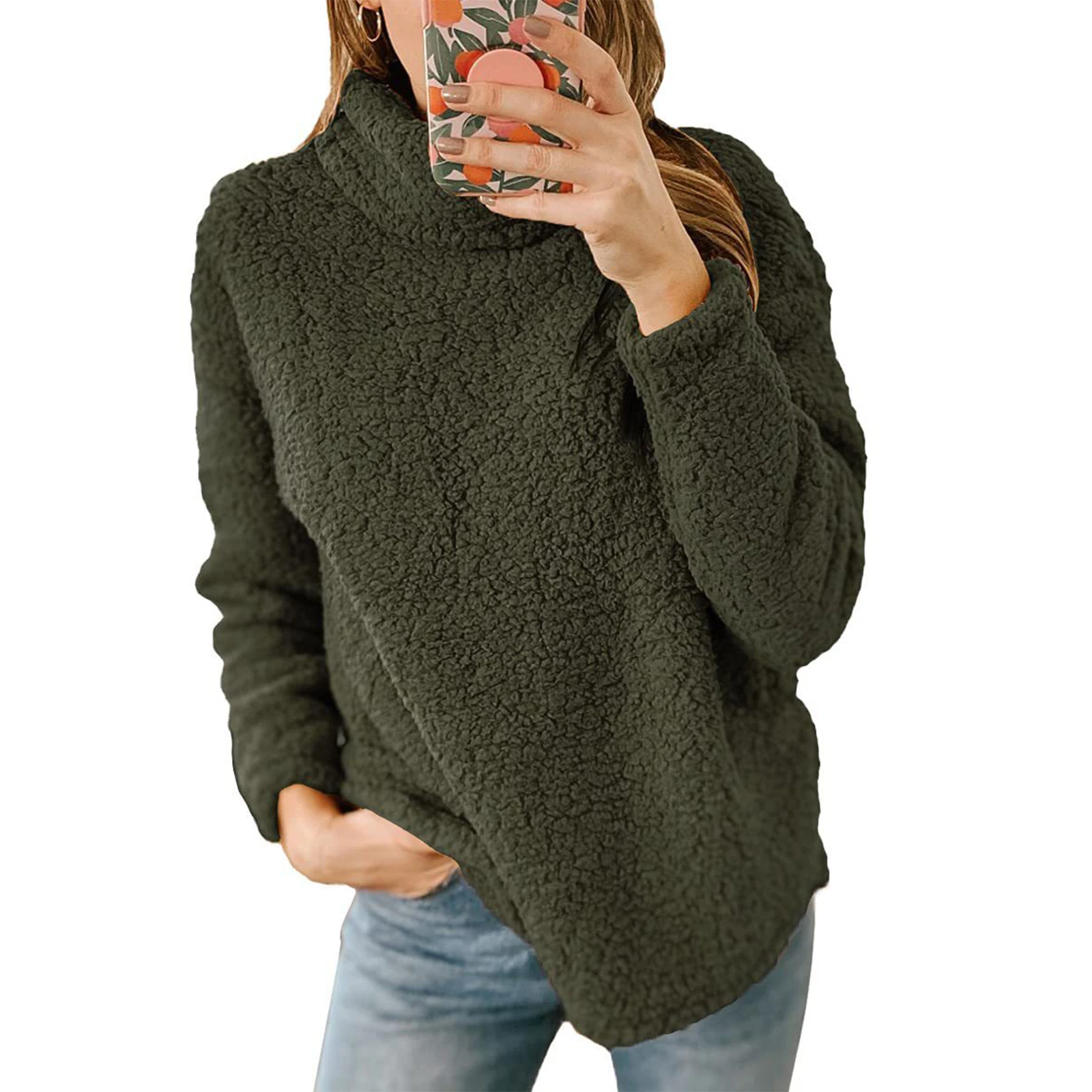 الفتيات بلون أفخم عالية الرقبة المرأة قمة الموضة غير رسمية هوديي سوداديراس دي موهير ملابس امرأة ملابس الشتاء امرأة