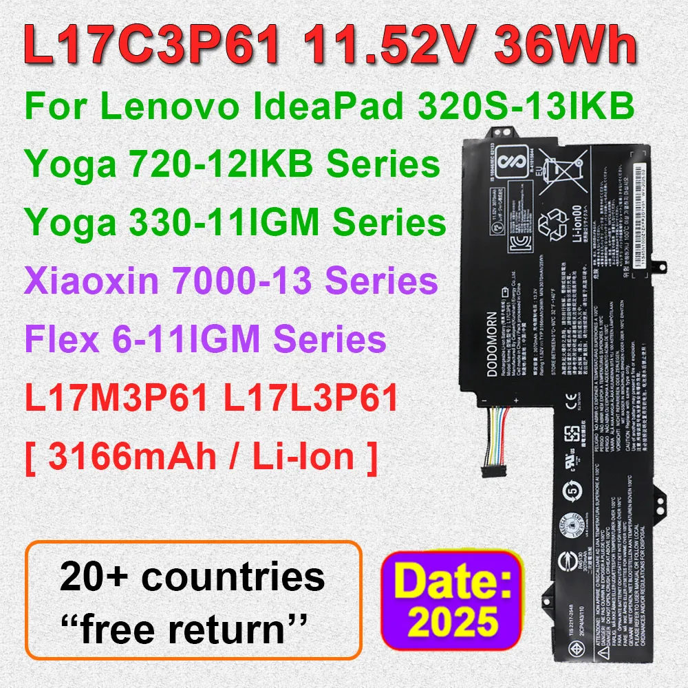 

L17C3P61 L17L3P61 Совместимый аккумулятор для ноутбука Lenovo IdeaPad 320S-13IKB Yoga 720-12IKB 330-11IGM Xiaoxin 7000-13 Series