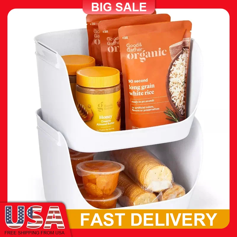 

2 Pack Stackable Pantry Bins Recycled Plastic Storage Containers for Food Organizer BPA Free Speckled White Space Saving