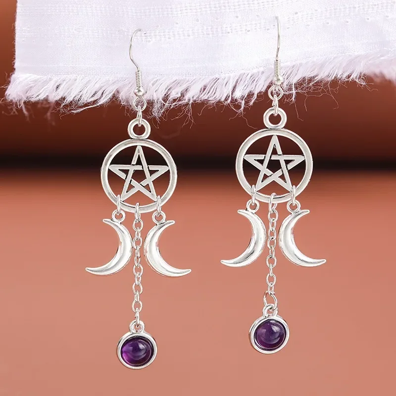 New Gothic Pentagram Crescent Purple Crystal Earrings for Women Fashion Multicolour Moonstone Jewelry Party Accessories Gifts