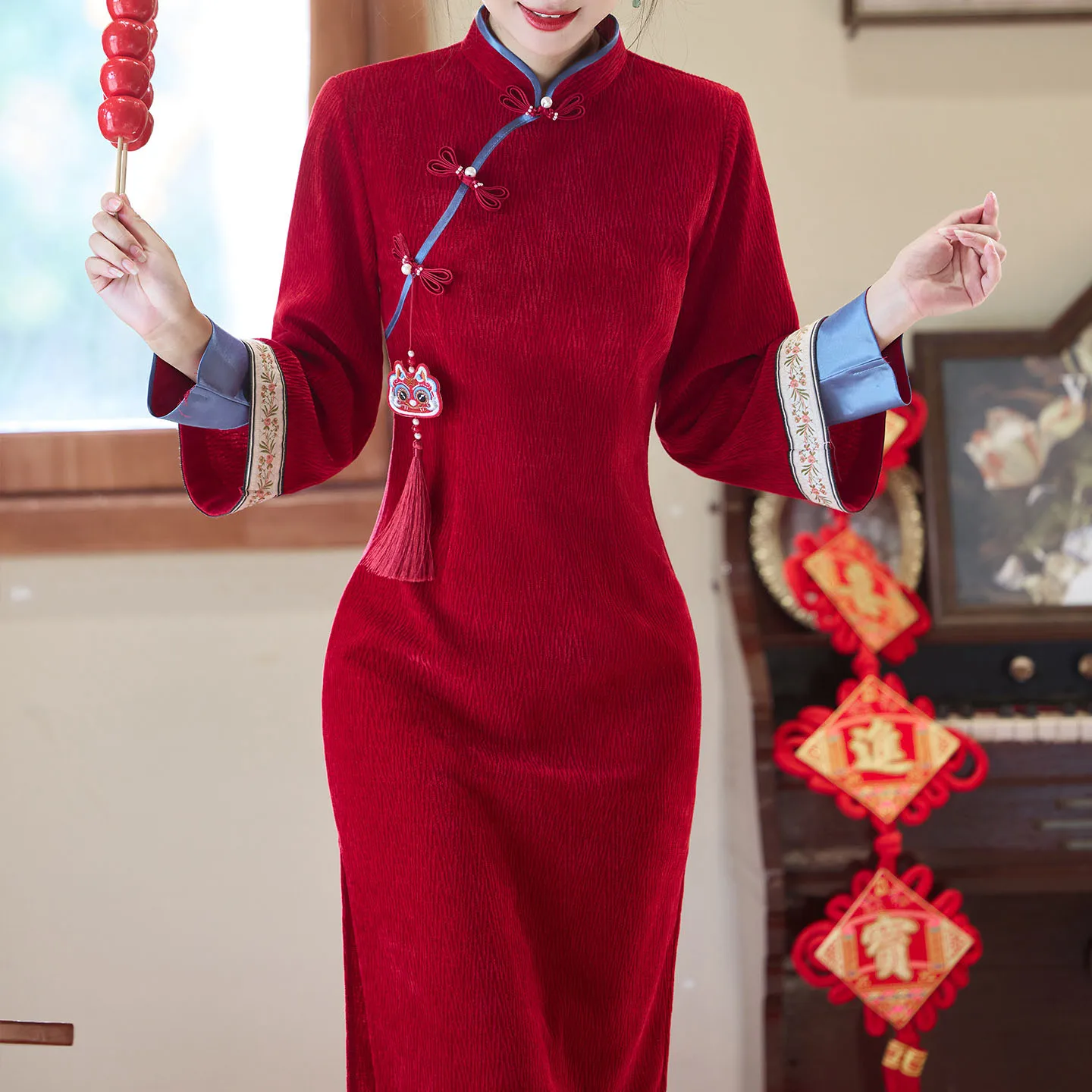 النمط الصيني السنة الجديدة مهرجان الربيع Chesongam الأحمر سميكة تشيباو فراشة طباعة سترة المرأة الخريف الشتاء فستان هانفو Vestidos #5