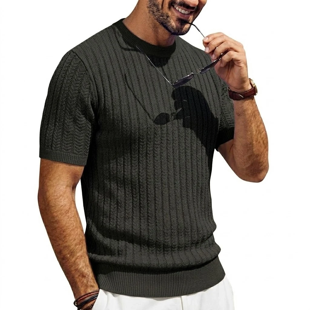 Summer Mens Short Sleeve T-Shirts Breathable Knitwear Vintage Striped Textured Shirts Knit Shirts for Men Beach Cool Sweater Top