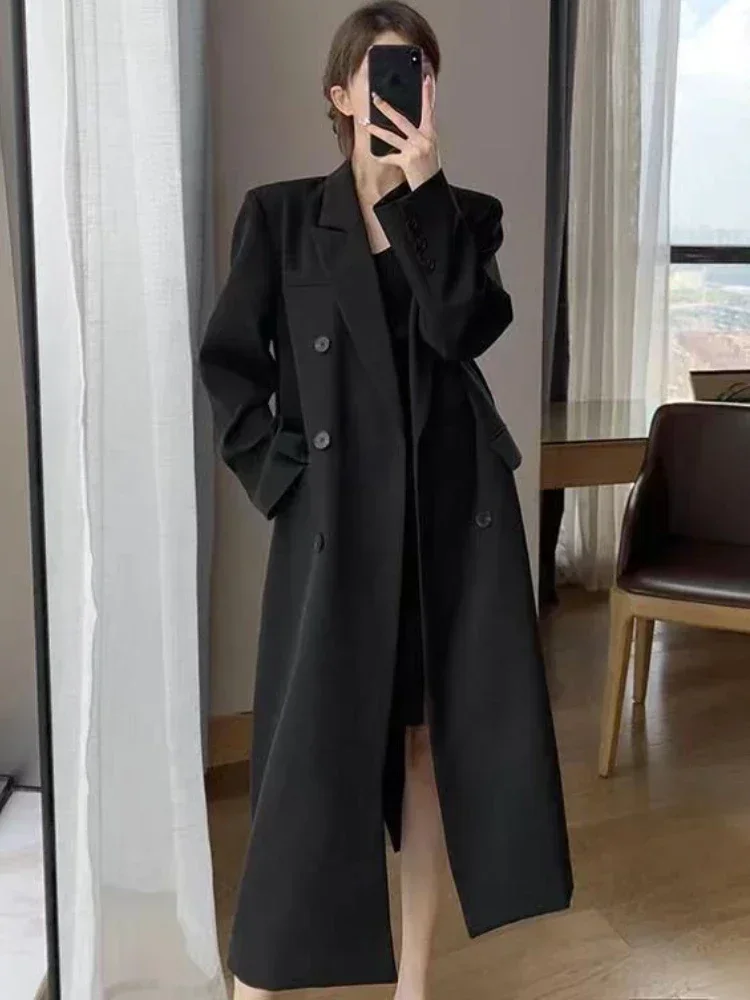 Trench Coat for Women Suit Collar Double-breasted Solid Color Long Coat Elegance Office Lady Jackets Autumn Winter Clothes Women