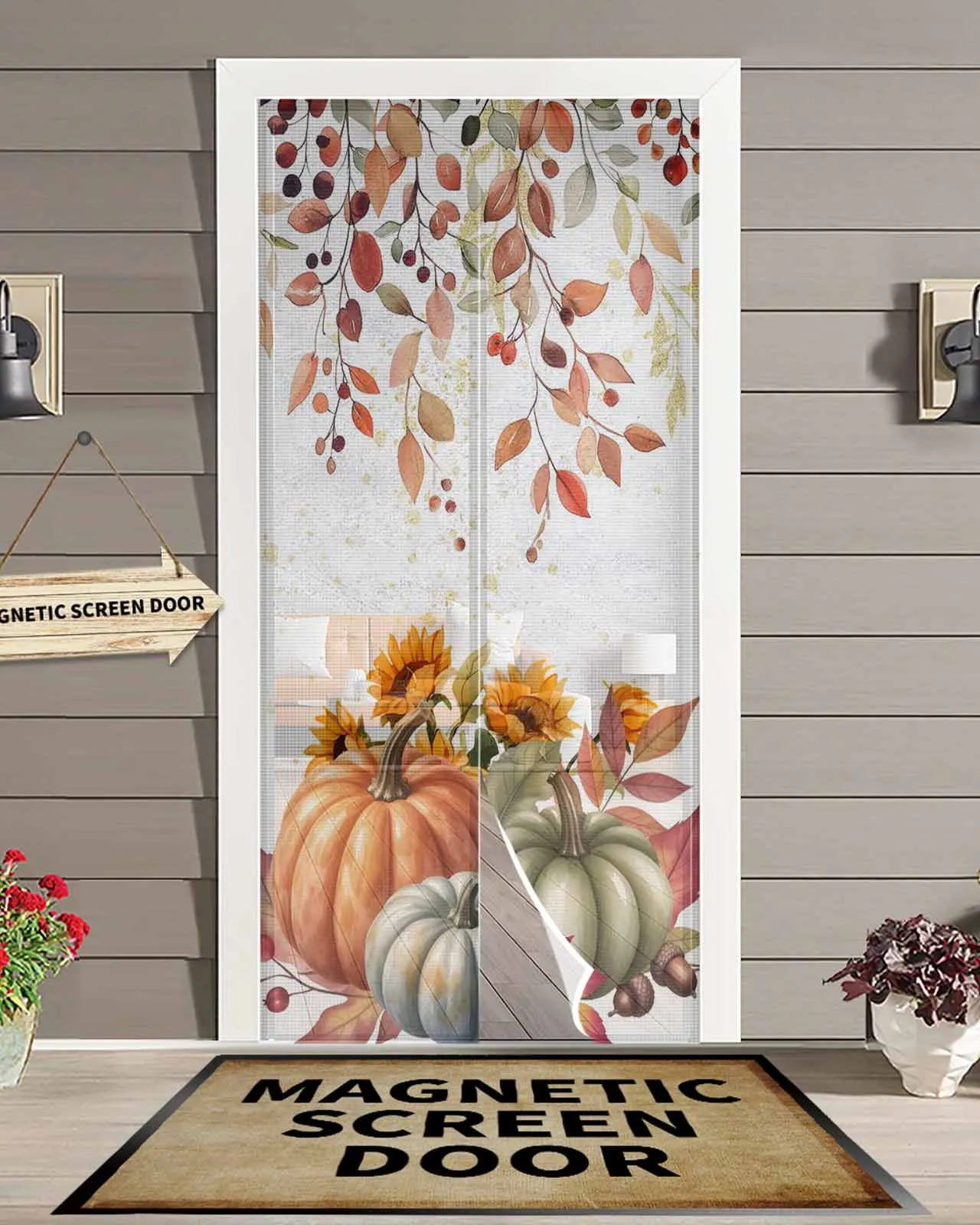 

Thanksgiving Vintage Pumpkin Foliage Magnetic Door Curtain Living Room Bedroom Home Anti-mosquito Screen Door Curtain