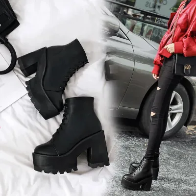 

Women's shoes 2025 winter new short boots, thick heel, high sole, low cut, black strap, thick heel, British boots