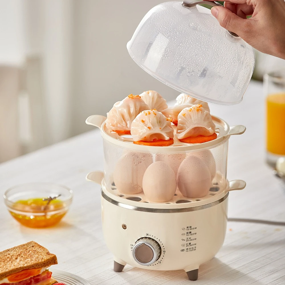 Egg cooker, double-layer timed egg steamer, multi-functional timed breakfast machine, no steaming bowl