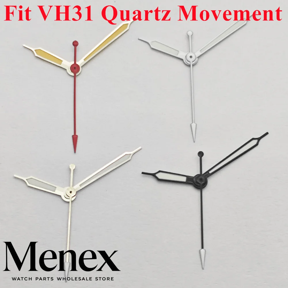 Menex Silver/Black/Red Watch Hands Green Luminous Fit VH31 Quartz Movement Pointer Set Watch Mod Replacement Spare Repair Parts