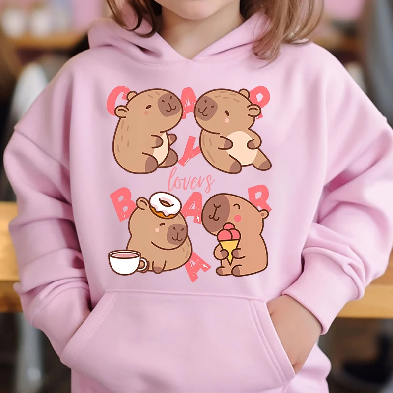 Capybara Loves Bubble Tea Sudadera con capucha para niños, suéter de terciopelo rosa, tops de otoño e invierno para niñas